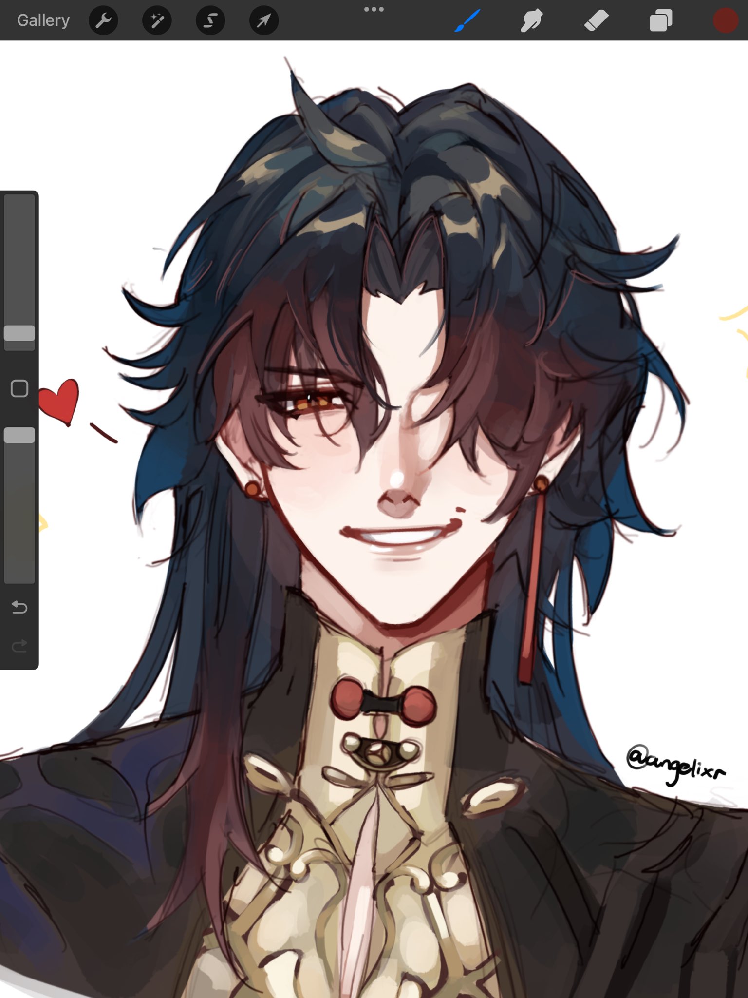 a closeup portrait of a smiling anime character. the character has black hair, red eyes, and is wearing a stylish black and gold outfit. they are surrounded by a background of simple shapes and lines, as if they are being drawn with a digital program.  the overall tone of the image is happy and playful.