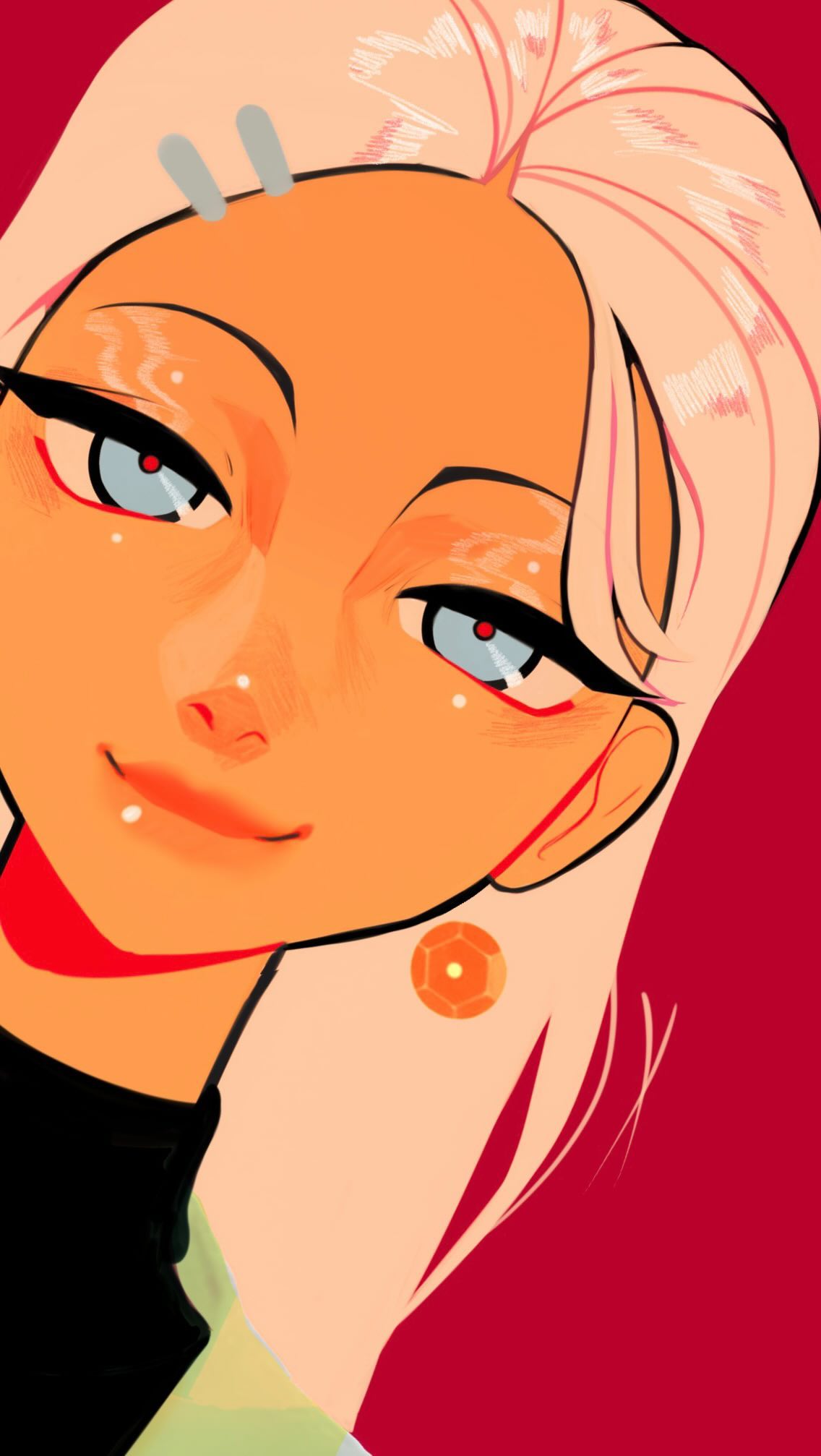 the image is a digital illustration of a woman's face. she has long blonde hair, large eyes, and is wearing earrings. the style is modern and abstract, with bold colors and lines. the background is a solid red. the overall impression is one of style and sophistication.