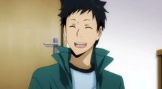 a digital illustration of a smiling anime charactercontent: smiling, animepeople: 1 personenvironment: indoorlighting: softperspective: eyelevelkw: anime character, green jacket, smiling, happy, closeup