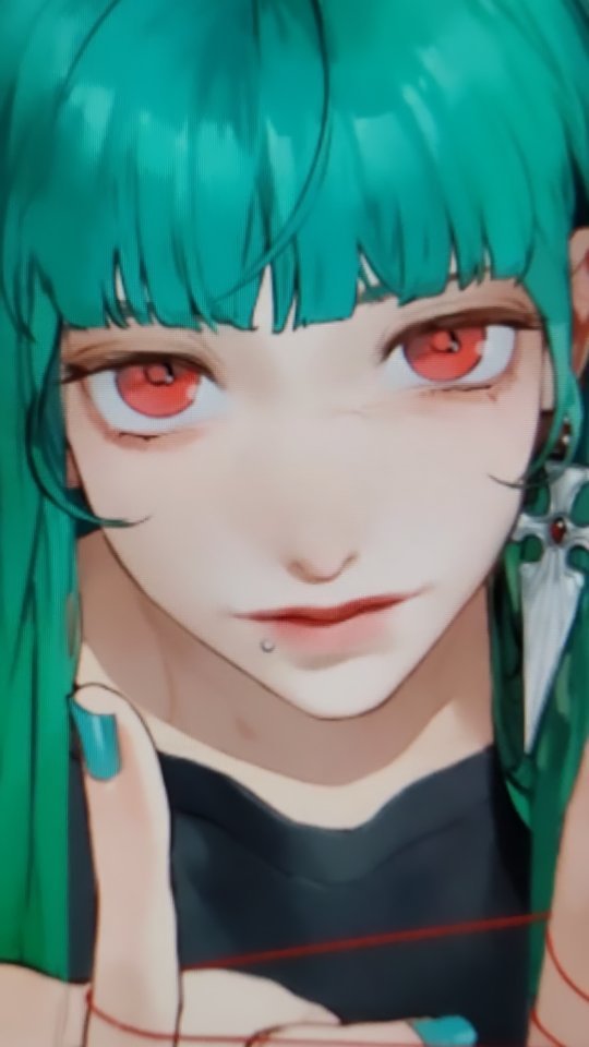loseup illustration of an anime girl with vibrant teal hair and striking red eyes. she has a cute expression and is wearing a dark top. a red thread is subtly present, possibly indicating a story element.  she sports an earring and a lip piercing.  the art style is very detailed and polished, characteristic of digital anime illustration.