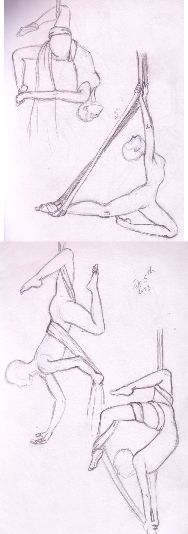 a drawing of three women practicing aerial yoga poses. each woman is suspended in the air, with their bodies contorted in different ways. the drawing is in black and white, and the lines are thin and delicate. the women's muscles are visible through their skin, suggesting that they are strong and flexible. the background is a simple white, which emphasizes the details of the women's bodies.