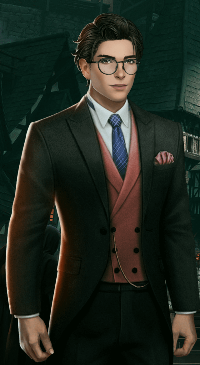 a digitally rendered image of a man in formal attire. he is wearing glasses and a dark suit over a pink waistcoat and blue patterned tie. a folded pocket square is visible in his suit pocket. he has dark hair and stands in front of a blurred background of what appears to be a building at night.