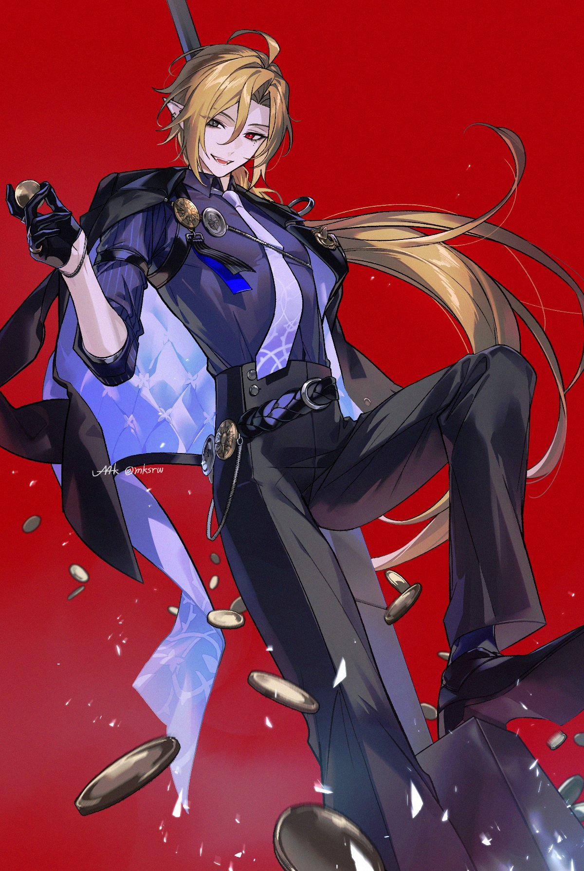 an animestyle illustration of a blondehaired male character with red eyes and fangs, suggesting a demonlike figure. he's dressed in a stylish dark suit, gloves, and a flowing cape. he holds a coin in his gloved hand and stands confidently, with a sword visible behind him. falling coins surround him against a red background.