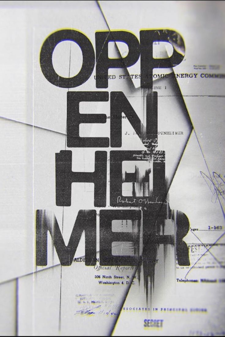 the image features a stylized posterlike design with the name "oppenheimer" prominently displayed in bold, vertically stacked letters. the letters are superimposed on a background of officiallooking documents, including snippets of text such as "united states atomic energy commission," "official report," and addresses. the word "secret" is visible at the bottom. there are signatures and various details from the documents that blur behind the word "oppenheimer" creating a graphic effect. the overall color palette is predominantly black and white with a muted tone.