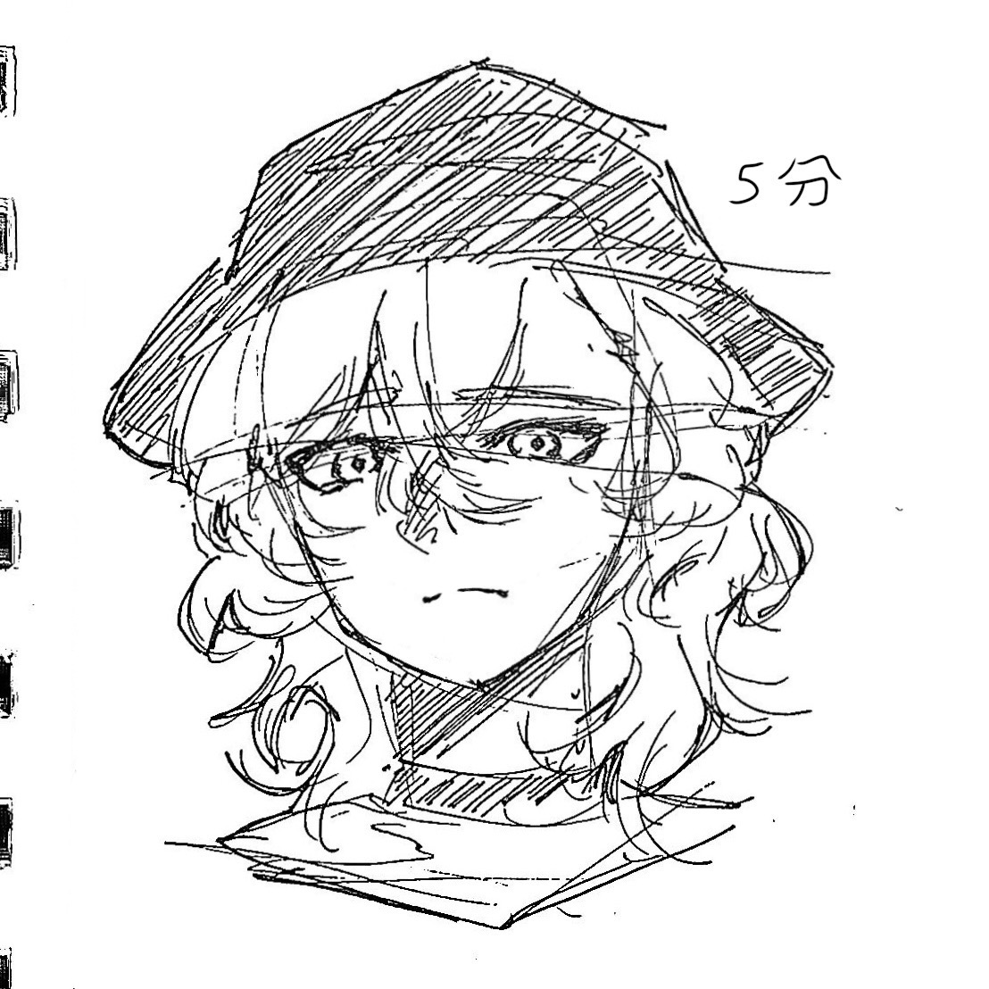the image is a black and white, handdrawn sketch of a young woman or girl.  she has curly hair and is wearing a bucket hat. her expression is somewhat serious or melancholic. the style is reminiscent of anime or manga, with expressive eyes and a focus on linework. the drawing appears to be a quick sketch or concept art, with visible pencil strokes and some rough lines.  there's also some seemingly random scribbles in the background and the number "5分" (5 minutes in japanese) written to the upper right, suggesting this may be a timed sketch or workinprogress.
