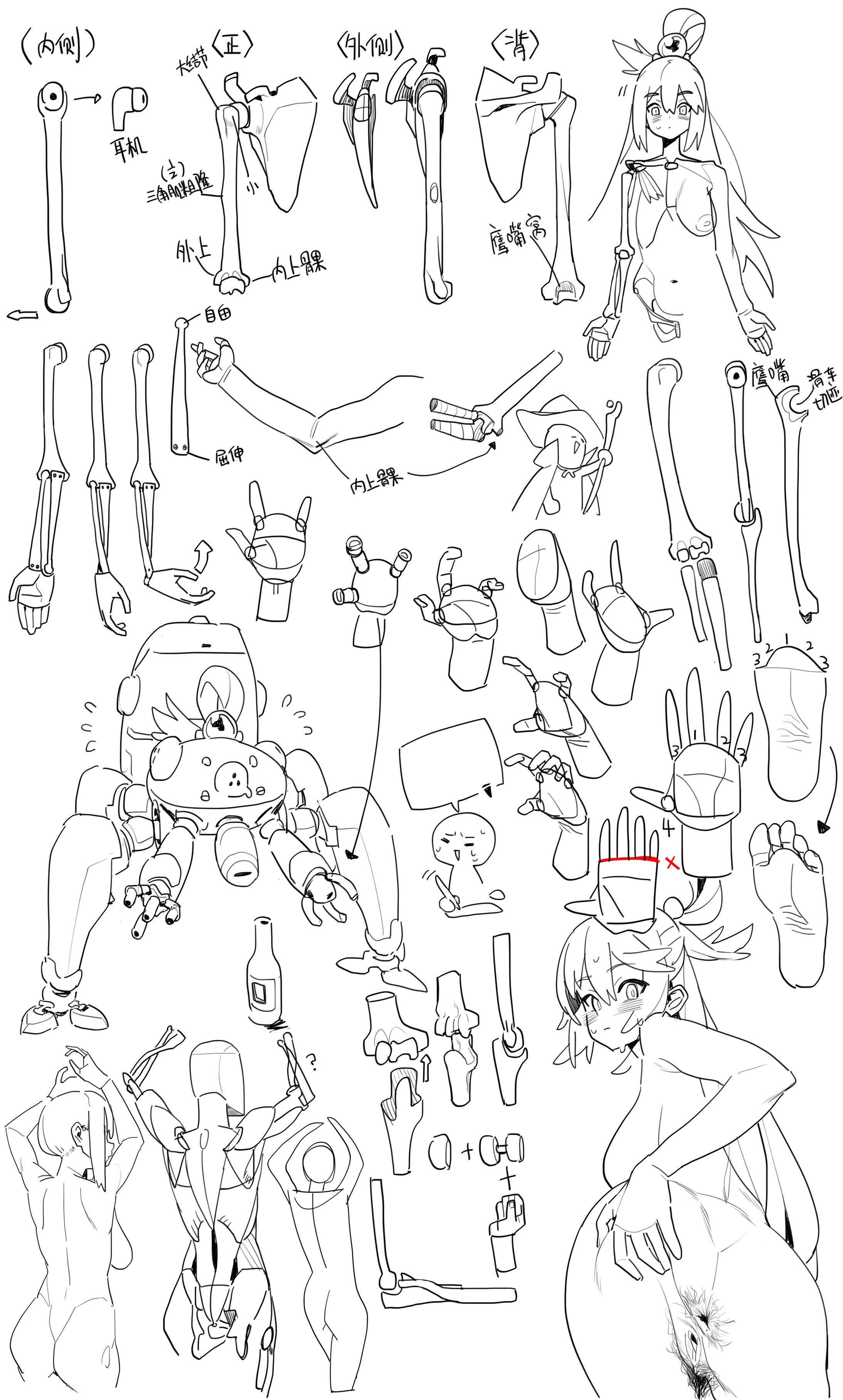 the image contains various sketches of animestyle characters and anatomical drawings. there are skeletal representations of arms, shoulders, hands, and feet alongside drawings of human forms and a robot character. the sketches appear to be preliminary designs or studies of anatomy and character poses.