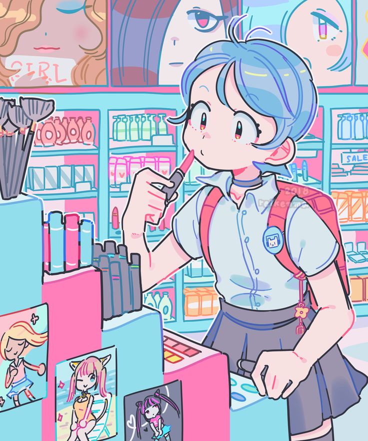 a cute anime girl in a school uniform is in a store buying lipstick. she is holding a lipstick in her hand and looking at it. she has a backpack on and is wearing a skirt. the store is decorated in pink and blue. the background is full of other anime characters and products.