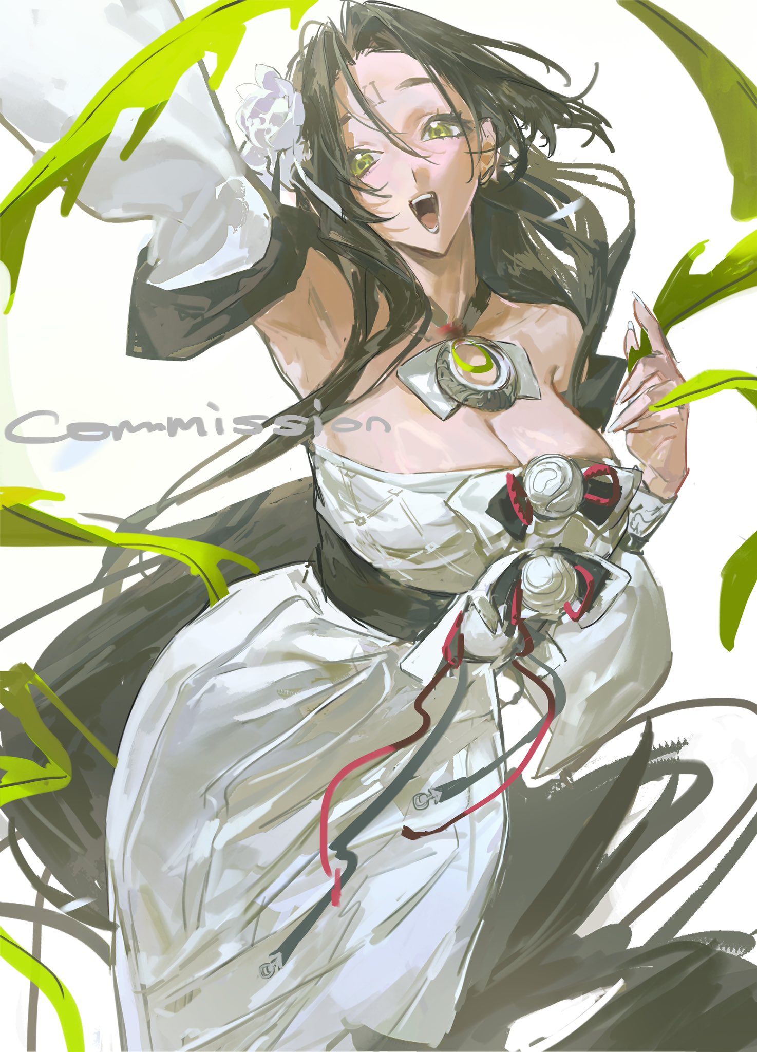 this artwork depicts a happy anime girl with long black hair and green eyes wearing a white dress with a white shirt and green vines. her smile is bright and cheerful, and her hair is flowing around her. she has a magical and ethereal quality about her, and she looks like she's ready for an adventure.