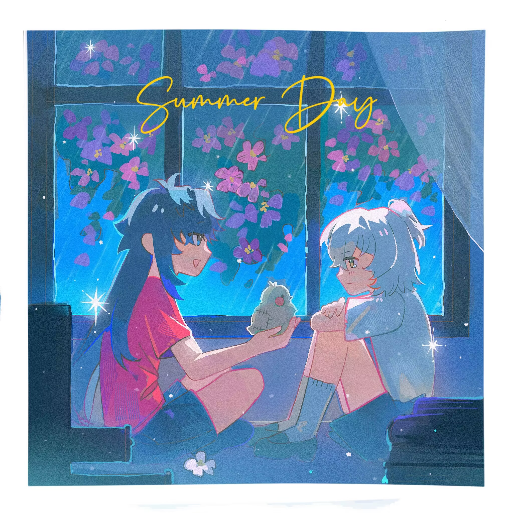 two anime girls are sitting by a window, looking at each other.  the girl on the left has dark hair and is wearing a red shirt, the girl on the right has light blue hair and is wearing a white shirt.  they are both smiling and appear to be happy.  the window is open and there are flowers and a blue sky outside. there is a small bird between the girls.