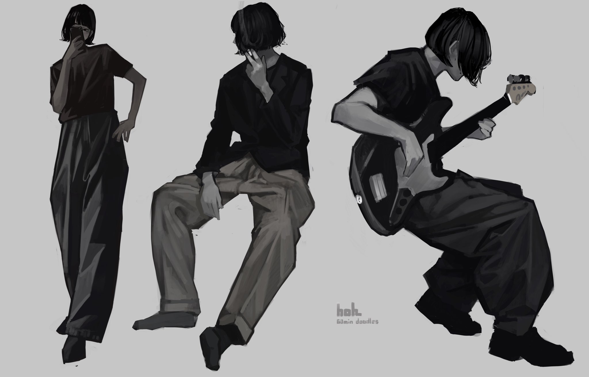 this digital painting showcases three distinct figures in grayscale. the first is a woman standing and seemingly holding a phone to her ear, wearing baggy, darkcolored pants and a loosefitting shirt.  the second figure is seated, a person in a jacket and loose, beige pants, with a hand to their face in a thoughtful gesture.  the third is a person sitting, playing a bass guitar, dressed in dark, oversized clothing.  the overall style is minimalist and contemporary, focusing on poses and clothing.  the artist's signature is visible in the bottomcenter.