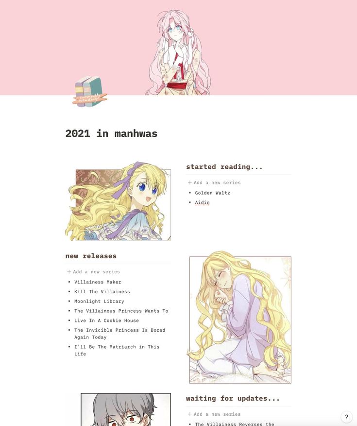 the image is a reading list of popular manhwas, featuring images from some of the featured series and a list of manhwas that are currently being read or are waiting for updates. the image includes titles such as "villainess maker," "kill the villainess," and "moonlight library" among others.