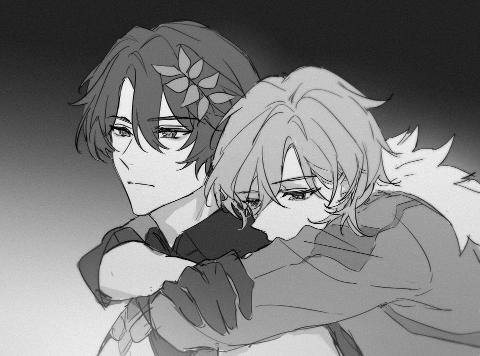 this is a grayscale digital illustration of two anime characters embracing each other. the character on the left has dark hair and a flower in their hair, while the character on the right has light hair and looks sad.  they are both dressed in casual clothing and appear to be close to each other.  the artwork has a melancholic and tender feel.