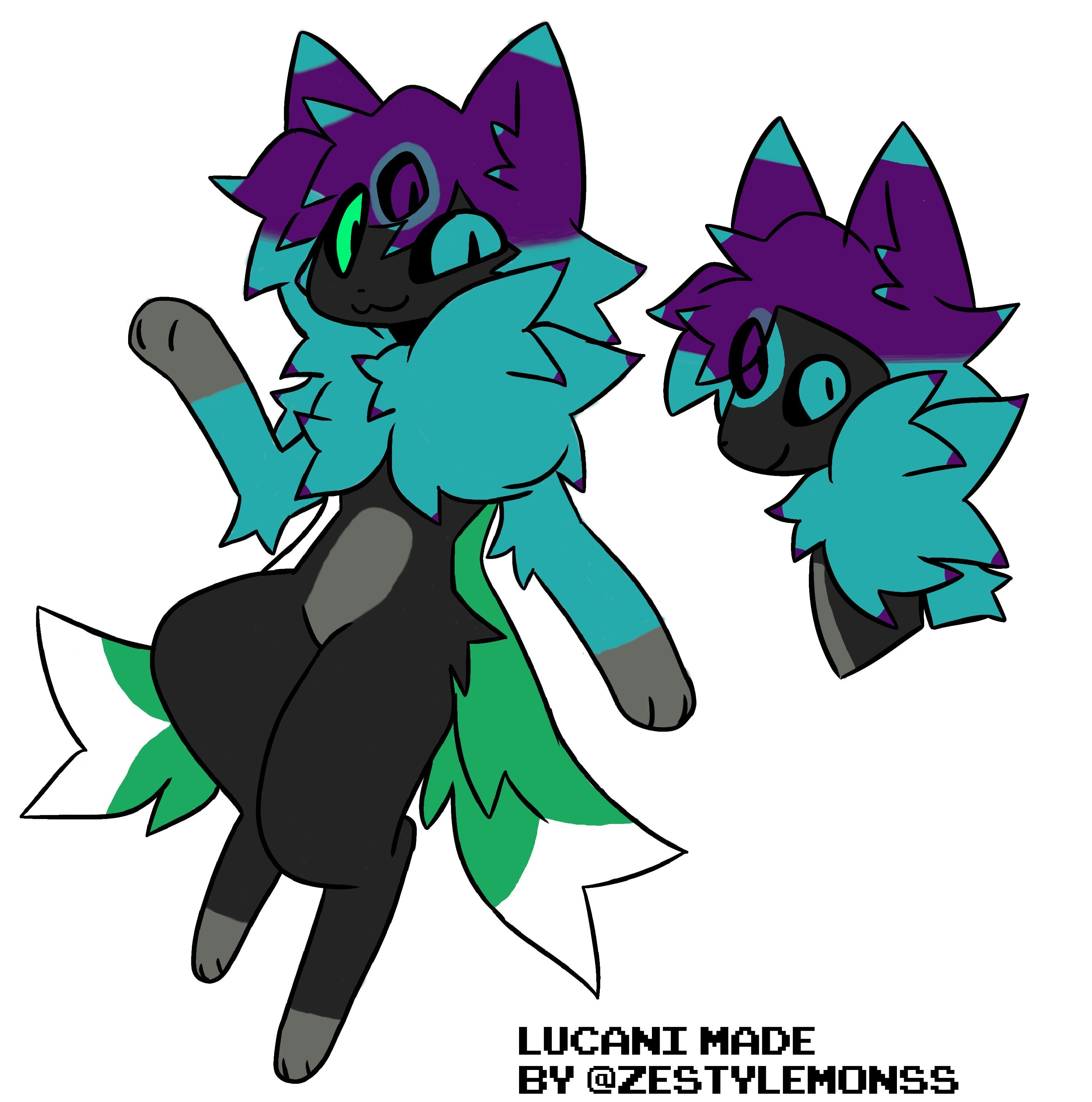 a colorful furry cartoon creature with a black and white body, teal and purple fur around its neck, and green and white tail. it is standing with its arms outstretched and smiling. the same creature is drawn in the background as a headshot.