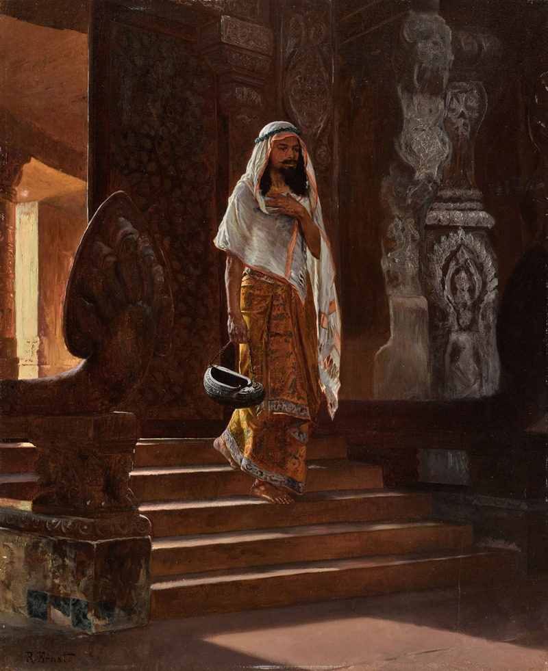 a painting depicts a man walking down stone steps inside a temple. the man has dark skin, a beard, and is wearing a white turban and shawl. he is dressed in an orange and yellow patterned robe and is barefoot. he is holding a small black bag in his left hand and his right hand is placed near his chest. he is facing forward but slightly to the left. the background shows intricately carved stone columns and walls. the light source comes from the left, casting shadows on the steps.