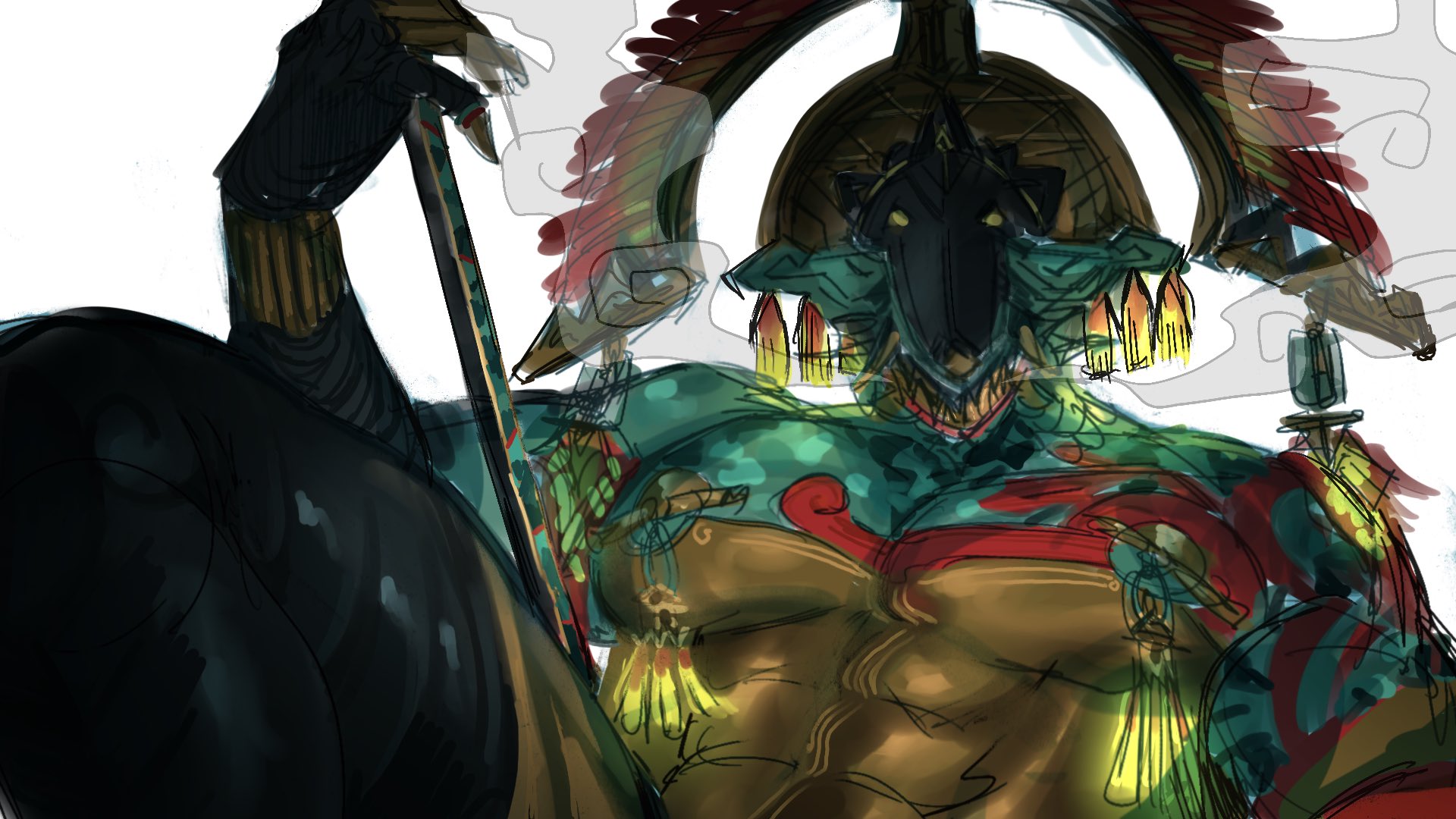 a fantasy illustration of a green and gold armored warrior with a feathered helmet and weapon. the warrior is depicted in a pose of power and confidence. the art style is digital and stylized, with a focus on detail and color.  the warrior appears to be in a battle stance.
