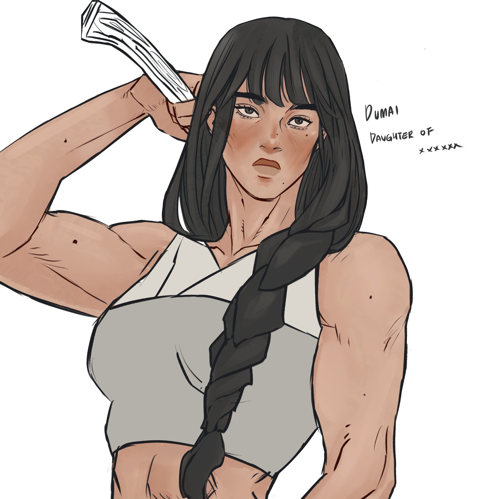 the image is a drawing of a muscular woman with long dark hair braided down her back. she has a determined expression on her face and is holding a sword over her shoulder. the words "dumai, daughter of xxxxx" are written to the side of her.