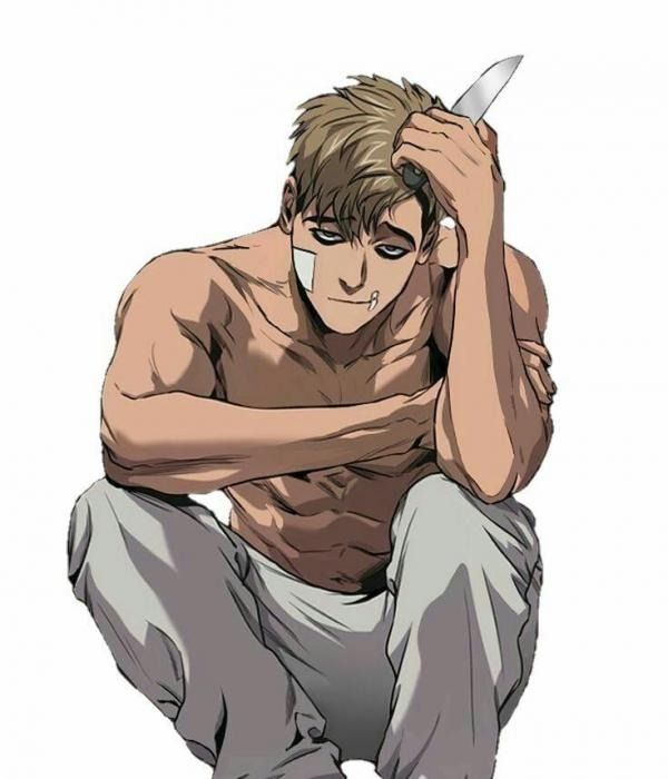 the image is a digital drawing or illustration of a male character, likely from a manhwa or webtoon (korean comic), possibly resembling sung jinwoo from "solo leveling". he's shirtless, showing a muscular physique, and is sitting with his legs tucked in.  he has light skin, short, light brown hair, and a serious, somewhat brooding expression. he holds a small knife near his head with one hand, resting the other arm on his knee. he has a small bandage on his face near his eye. he's wearing light grey loose fitting pants. the style is characteristic of actionoriented fantasythemed comics. the background is pure white, focusing all attention on the character.