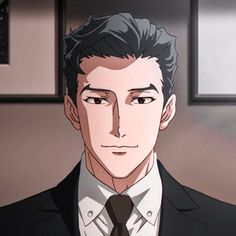 the image shows a headshot of an anime man with short black hair. he is wearing a black suit, a white shirt, and a black tie. he has a pleasant expression on his face and is looking directly at the viewer. the background is a light color, and there are two framed pictures on the wall behind him. the lighting is soft and diffused, creating a warm and inviting atmosphere.
