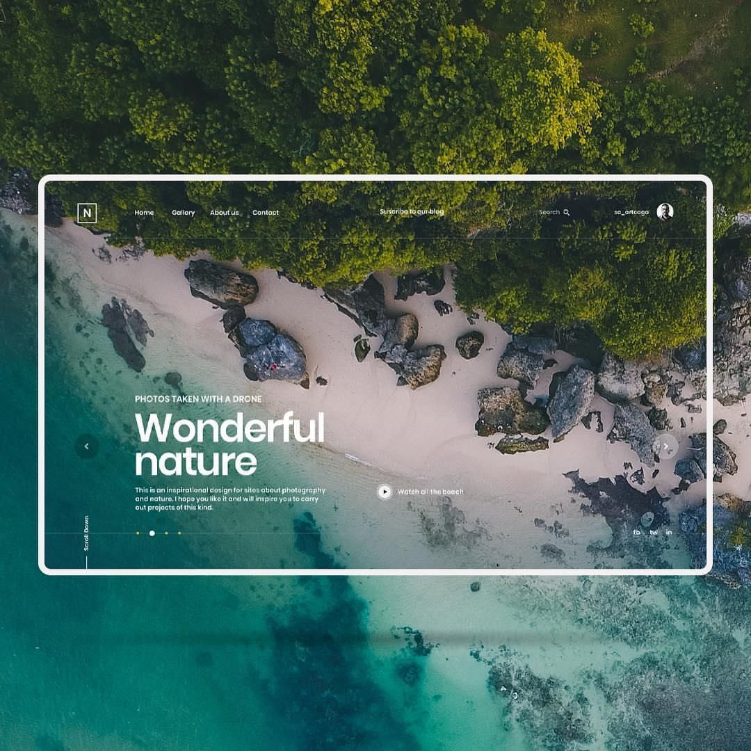 an aerial photograph of a tropical beach captured with a drone, showcasing a serene landscape of turquoise waters, white sand, and rocky outcroppings. the image is incorporated into a minimalist website design, with the text "wonderful nature" prominently displayed above a call to action to "watch on the beach." the design evokes a sense of tranquility and inspires a desire for adventure and exploration.