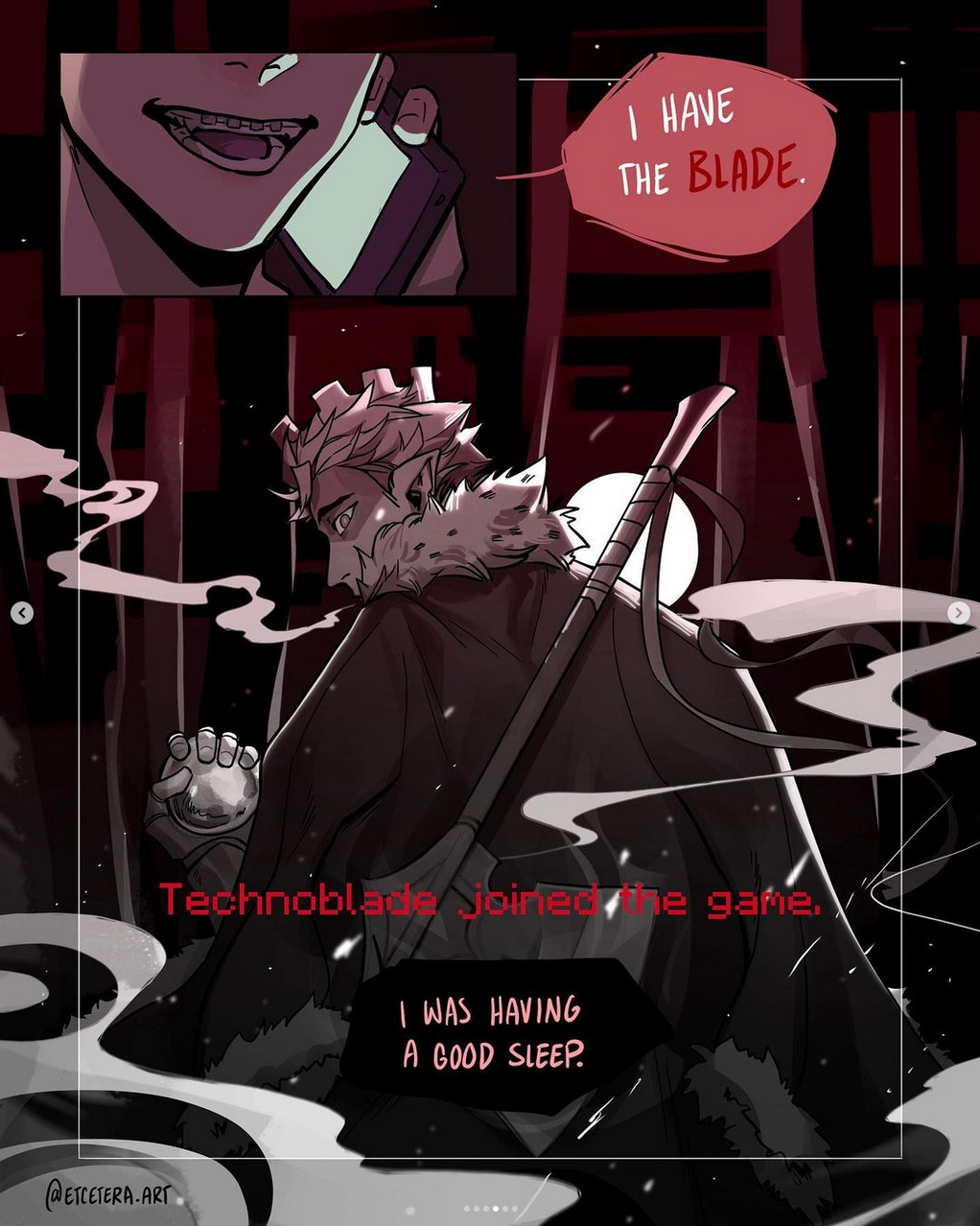 the image is a stylized comic panel depicting a blonde man with a crown and furtrimmed cape striding confidently away from the viewer. he carries a sheathed sword strapped to his back and a determined expression on his face. the background is a dark cityscape with traditional japanese torii gates silhouetted against a moonlit sky.  the text "technoblade joined the game." is overlaid on the scene, referencing a popular video game streamer and character.  another speech bubble reveals a voice saying "i have the blade." while a smaller panel shows the lower half of a smiling face on a phone screen alongside the text: "i was having a good sleep." the overall atmosphere is one of dramatic tension and impending action.