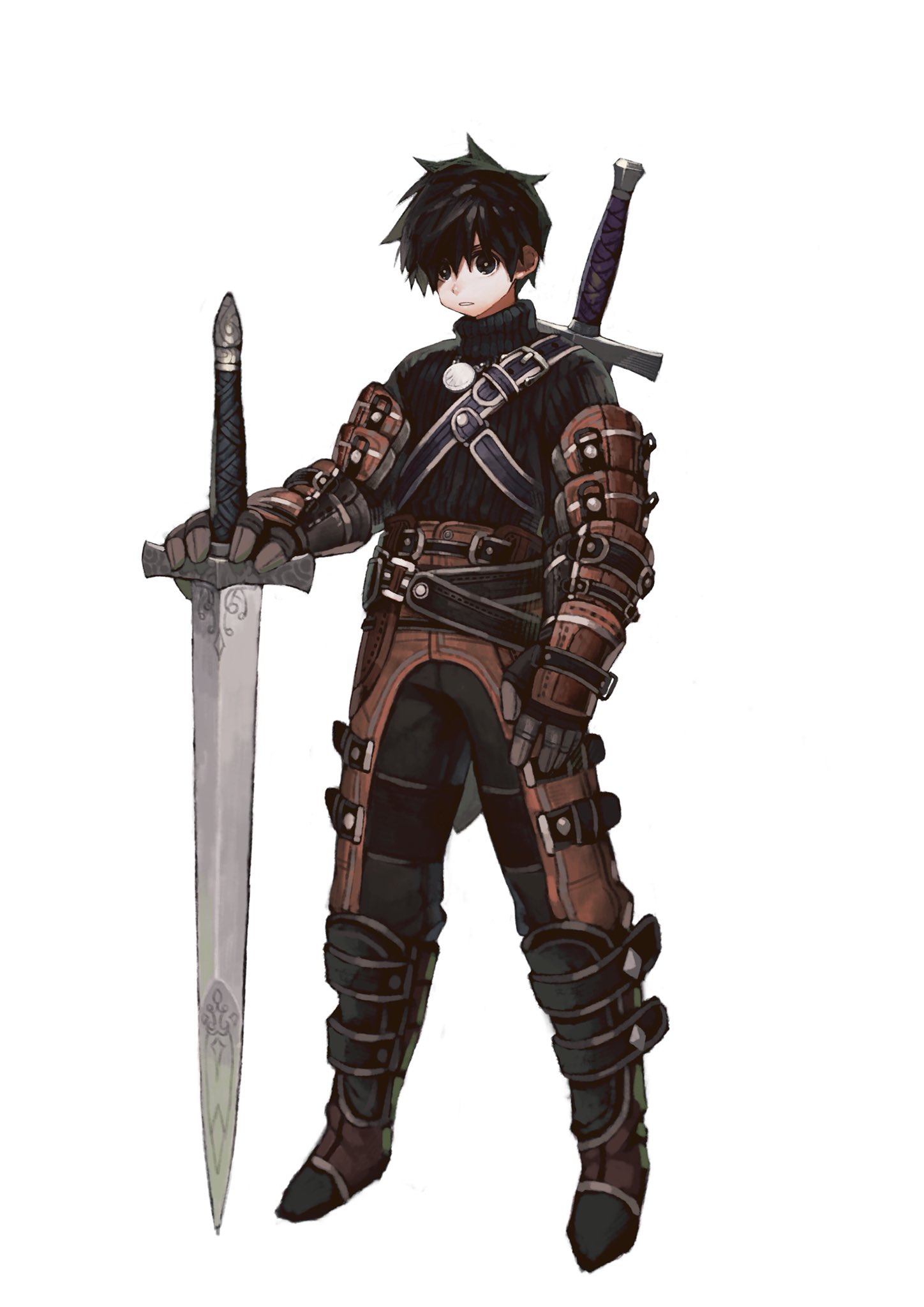 a fantasy anime style male warrior character in armor, holding a sword and standing with one leg slightly bent. he's wearing black pants and a dark brown leather armor with a sword strapped to his back. he has short black hair and dark eyes.  the background is white.