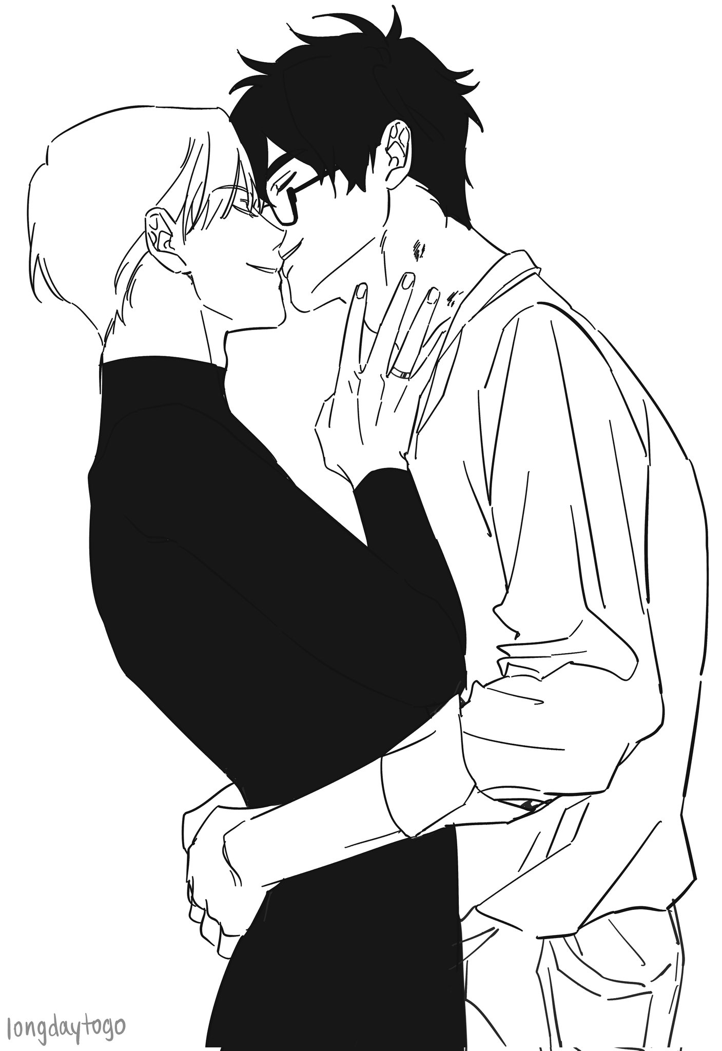 he image is a black and white line drawing of two young men embracing and kissing. the style is reminiscent of manga or anime. one man is wearing a turtleneck and the other is wearing a buttondown shirt. their bodies are close together, and their faces are touching. the drawing has a romantic and intimate feel.