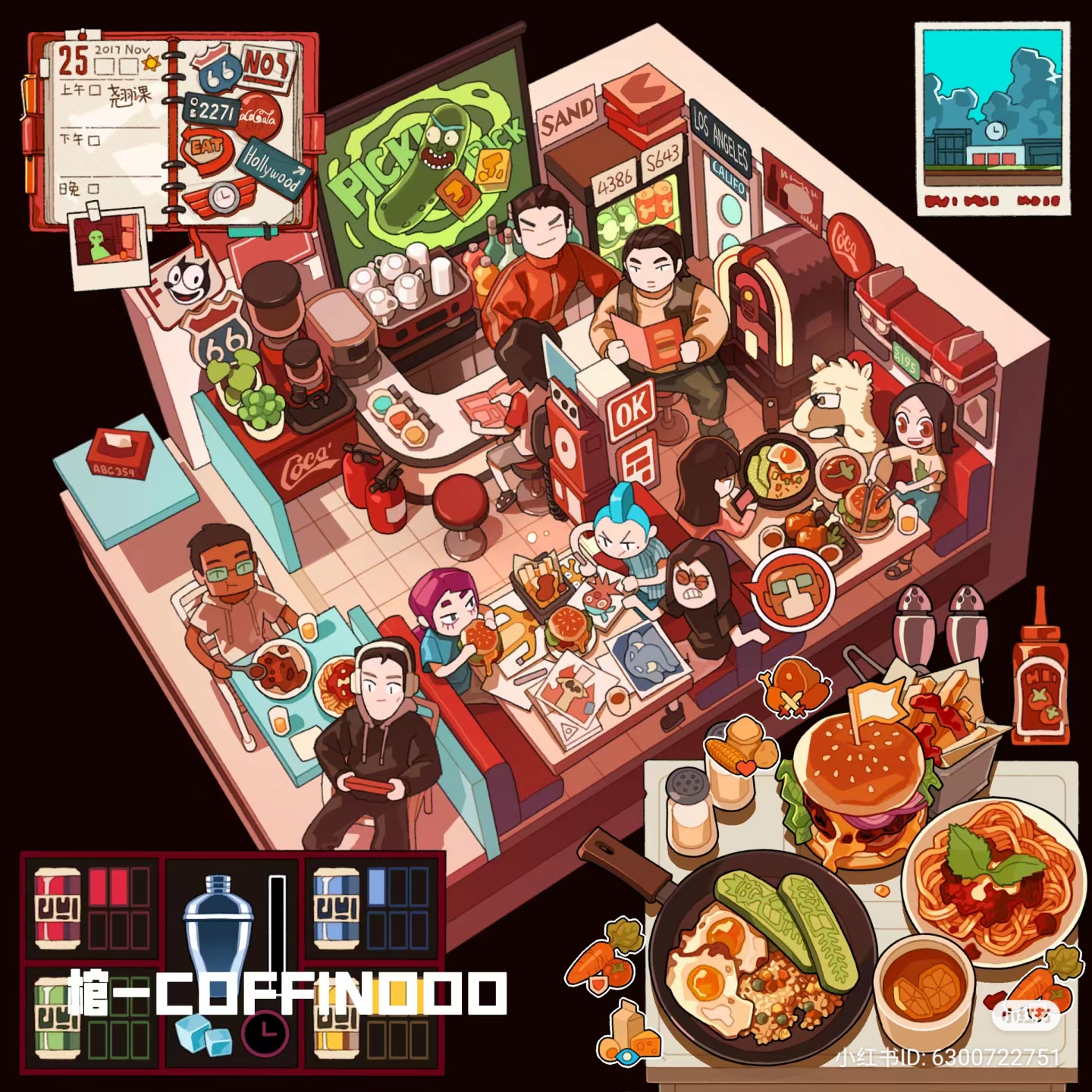 the illustration showcases a vibrant, retrostyle diner bustling with activity. from an isometric viewpoint, we see patrons enjoying food, drinks, and arcade games. a group of friends share a lively meal, while a couple enjoys a date. the diner's ambiance is enhanced by bright colors, neon lights, and a mix of natural and artificial lighting. the isometric perspective provides a detailed view of the diner's layout, including the counter with bar stools, booths, and tables.