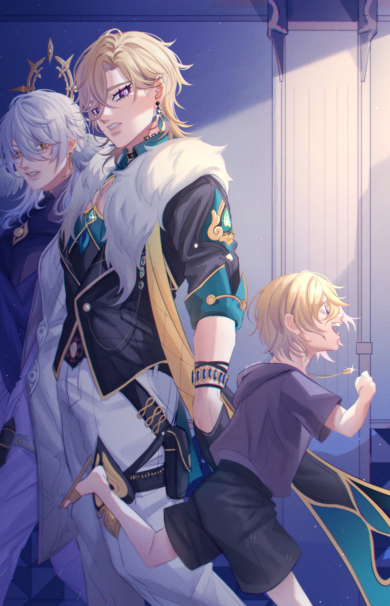 the image is a digital illustration of three anime characters standing in a shadowy alleyway.  the tallest character, a blonde man wearing  a green and gold jacket, stands in the center with his arm around a young boy. the man has a serious expression and his gaze is fixed on something off to the side. the boy has blonde hair and is wearing a purple shirt and black shorts. he looks scared, with his mouth open and eyes wide, as he runs ahead of the man.  a third character, an older man with white hair and a purple hat, stands behind the boy.  he appears to be a more somber character, with a thoughtful expression.  the image is set against a dark background and features many bright colours. the lighting is dramatic, casting shadows across the scene. it's a dynamic and exciting image that suggests the characters are in the middle of a thrilling adventure.
