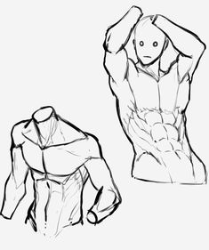 this image shows two sketches of a muscular male torso. the drawing on the right shows the figure from the side with his arms raised above his head. the drawing on the left shows the torso from the front with the arms crossed over the chest.  both sketches focus on showcasing the musculature of the human form.