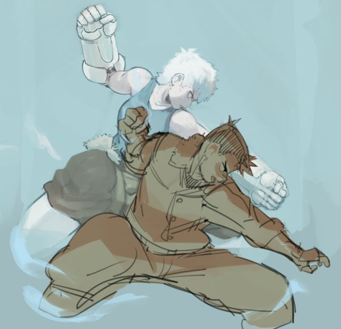 the image is a drawing of two anime characters in a dynamic fighting pose. the character on the top is female and is wearing a blue tank top and white pants, while the character on the bottom is male and is wearing a brown jacket and pants. the female character is attacking with a fist and the male character is blocking with his arm. both characters have intense expressions on their faces and look to be in the middle of an intense fight. the image is full of action and energy. it is a striking illustration that captures the excitement of a comic book battle.