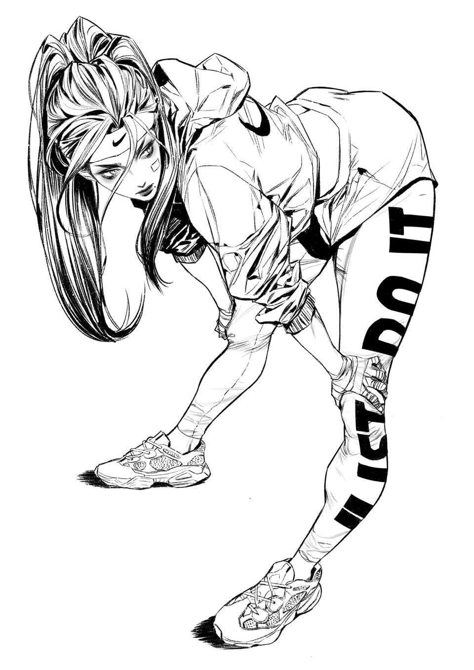 a black and white mangastyle illustration of an anime girl wearing sportswear. she is leaning forward with a hoodie, leggings with "do it" lettering down one leg, and sneakers. her hair is styled in a high ponytail with a headband.