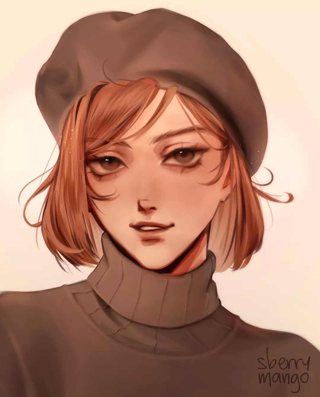 the image is a digital painting or illustration of a young woman. she has shoulderlength light brown hair styled in a bob, and is wearing a dark brown beret and a matching turtleneck sweater.  her features are soft and delicately rendered, with warm, autumnal tones predominating in the color palette. the style is a blend of anime and realistic elements, creating a stylized yet appealing portrait. the artist's signature, "sberry mango," is subtly placed in the bottom right corner. the overall mood is peaceful and serene.