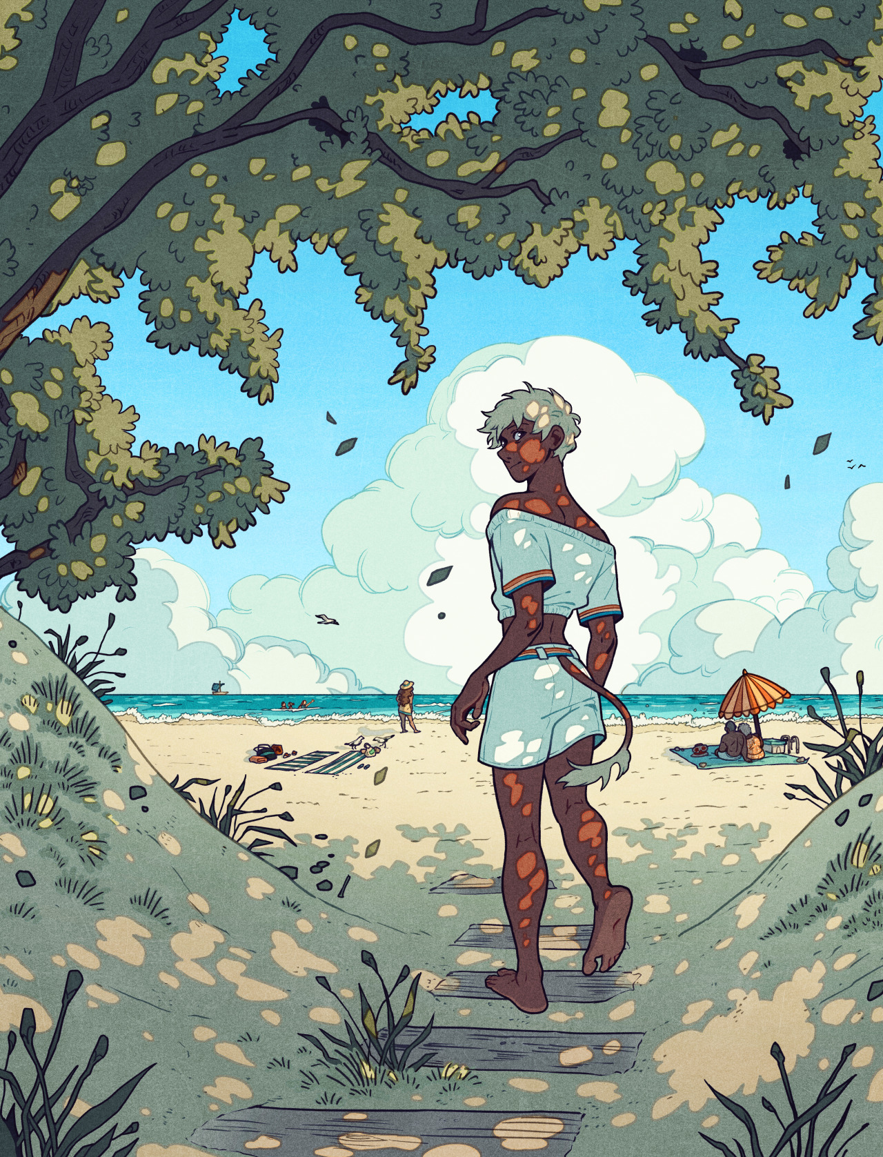 a young, darkskinned satyr with vitiligo stands at the top of a wooden walkway leading down to a sunny beach. he is facing away from the viewer, towards the ocean, and his posture suggests contemplation. he wears a blue crop top and shorts. the beach is populated with other people enjoying the day: two figures are walking on the shore, one lies sunbathing, and two more sit under a beach umbrella. the palette is bright and summery, and the overall feel is peaceful and idyllic.