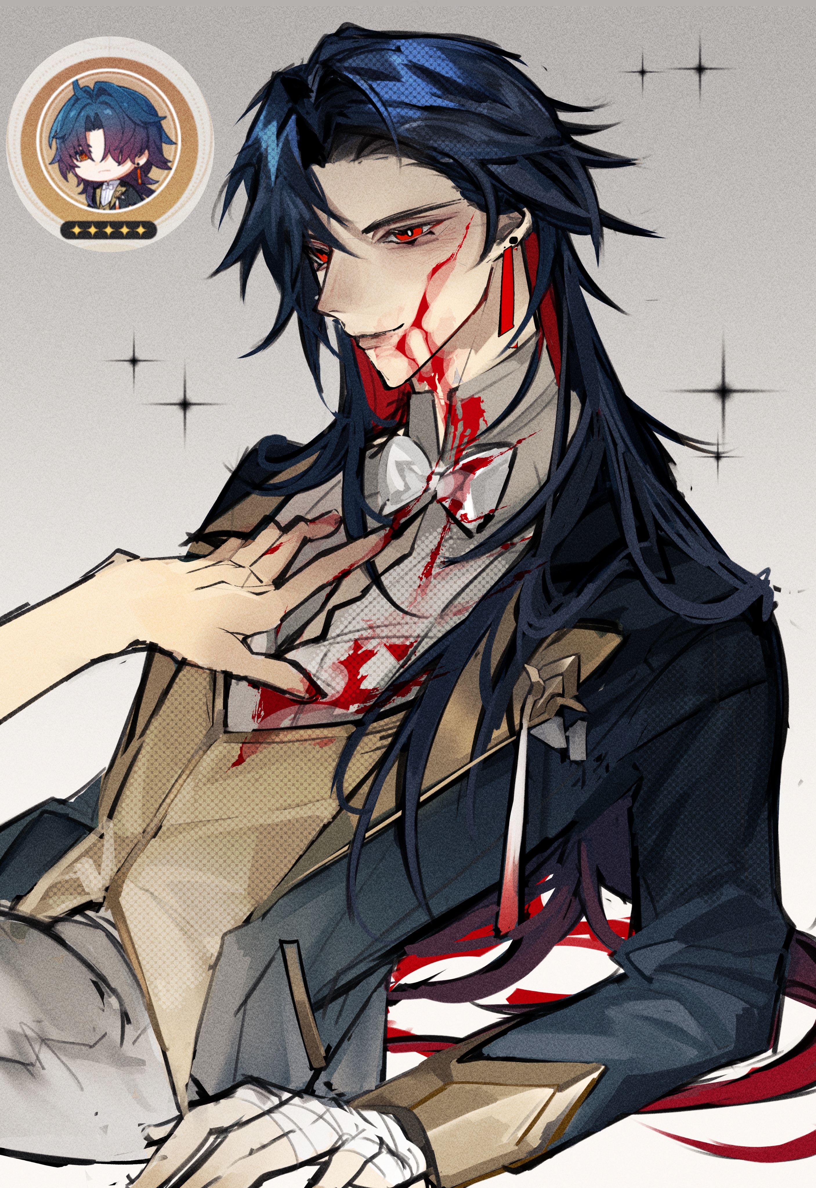 the image depicts an anime character with black hair and red eyes, covered in blood. he is wearing a white shirt with a bowtie, a black jacket with golden shoulder pads, and is clutching at his chest where he has a wound. a hand is seen reaching into the frame to grasp his, possibly to help him.  the art style is a mix of realism and anime, giving the image a dramatic and intense feel.