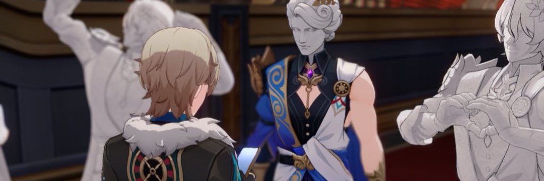 closeup shot from the video game genshin impact shows a blondehaired character, possibly albedo, looking at a smartphone. in the background, there are several white statues that resemble the character. one statue is shown making a heart shape with its hands. the scene is set in what seems to be an art gallery or museum. the game's art style is distinct, combining animestyle character design with detailed 3d environments.