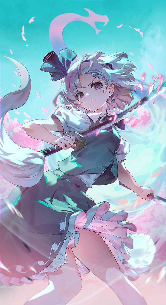 this image depicts an anime girl with white hair and purple eyes wielding a sword. she is wearing a shortsleeved white shirt with a dark teal vest, a dark teal skirt trimmed with pink ruffles, and a dark ribbon in her hair. the girl is positioned in a dynamic pose, suggesting movement. the background features a soft, pastel color palette with elements resembling sakura blossoms and petals floating around her, creating a magical or ethereal atmosphere. there is also a snake shaped object above her head.