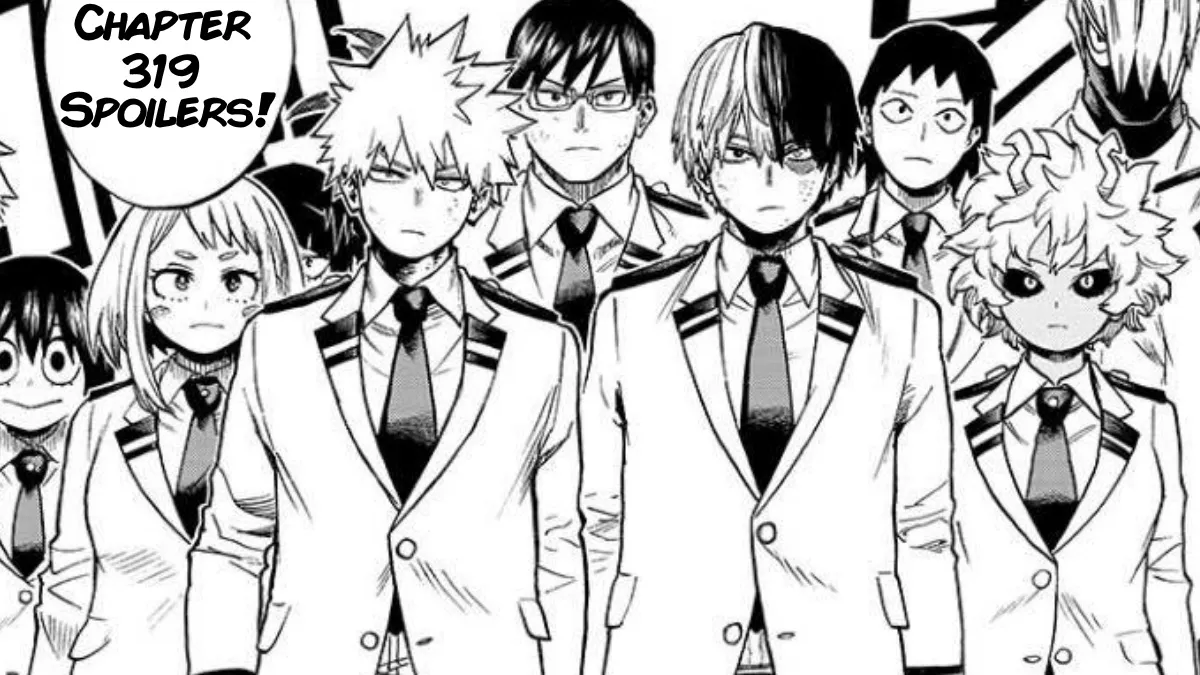 this image features a group of students from the popular anime and manga series my hero academia. they are all wearing their u.a. high school uniforms and standing in a line. the image appears to be a panel from chapter 319 of the manga, as indicated by the "chapter 319 spoilers!" text in the top left corner. the characters are drawn in a manga style with black and white line art. the background is simple and white, allowing the focus to remain on the characters.
