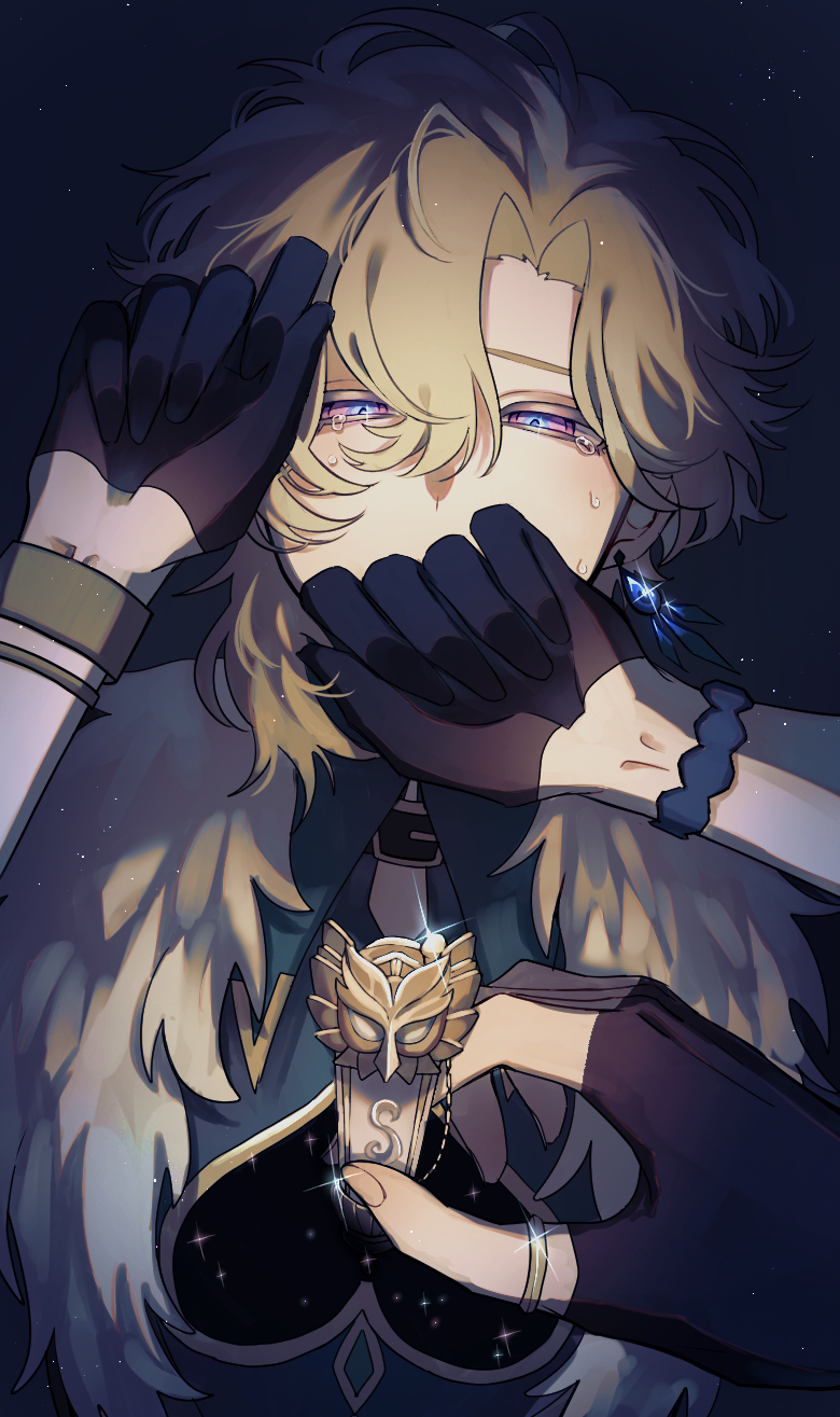 the image is a piece of anime fanart depicting scaramouche from genshin impact. he is portrayed with blonde hair, blue eyes, and is visibly crying, his mouth covered by hands that appear to belong to another person. he is wearing an elegant and ornate costume with feather details. his expression is one of deep sadness and distress. he holds a golden pendant with a masklike design. the background is dark, adding to the dramatic mood. the overall style is detailed and emotive.