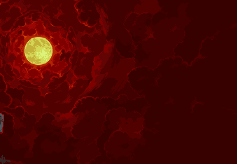 the image is a piece of pixel art depicting a night sky dominated by a large, pale yellow full moon surrounded by dark red, almost bloodcolored clouds. the clouds are densely packed, creating a dramatic and ominous atmosphere.  the style suggests a game background, perhaps for a dark fantasy or gothicthemed video game. a small portion of a dark structure or building is visible in the lowerleft corner. the overall aesthetic is atmospheric and moody, emphasizing the contrast between the bright moon and the intense red of the sky.