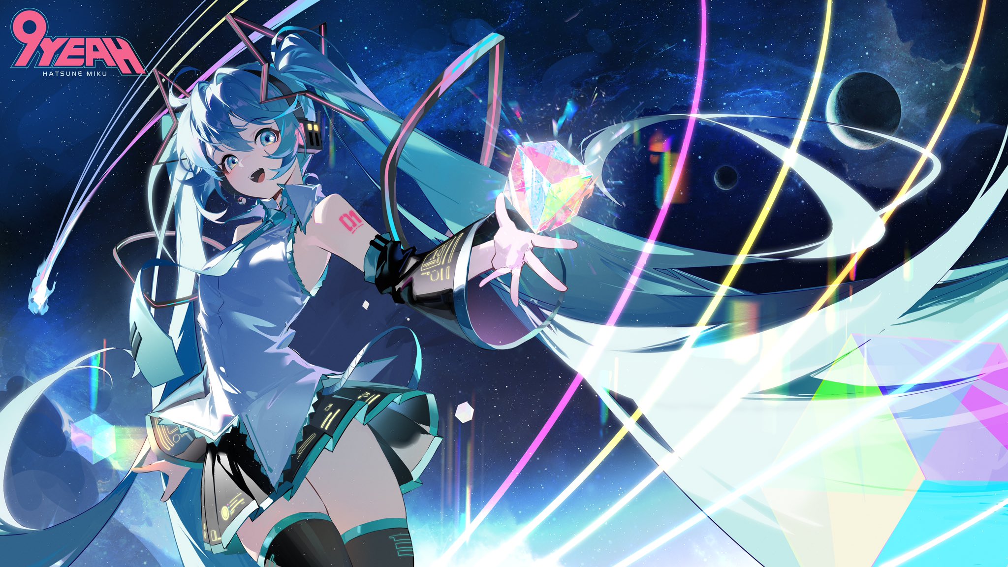 the image is a vibrant and dynamic digital illustration celebrating the 9th anniversary of hatsune miku.  the character hatsune miku, a popular virtual singer, is depicted in a lively pose against a backdrop of a starry space scene.  she's holding a glowing, multifaceted crystal and surrounded by bright, neoncolored lines that suggest movement and energy. the overall aesthetic is bright, futuristic, and celebratory, emphasizing miku's iconic features and her connection to technology and music. the "9year" text and "hatsune miku" subtitle are clearly visible, reinforcing the celebratory context.