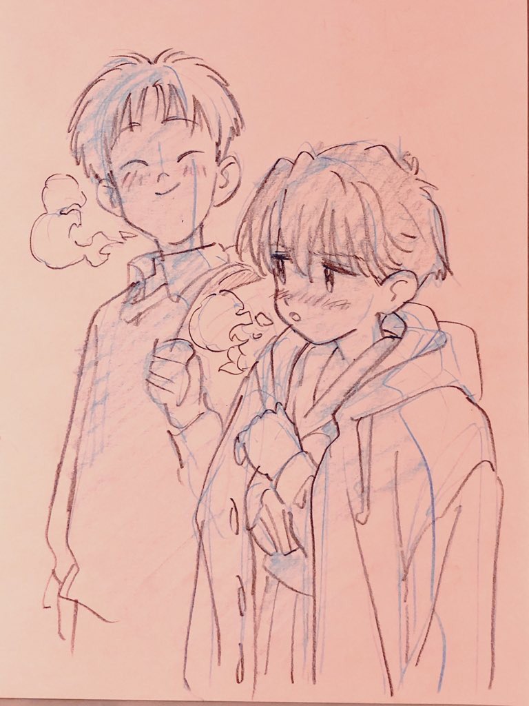 the image is a simple, somewhat rough sketch of two boys drawn in an anime/manga style. the boy on the left is taller and smiling with his eyes closed, he is exhaling a cloud of air visible in the cold. he has his hands tucked into the pockets of a heavy looking jacket or coat.  the boy on the right is shorter with his hair covering part of his face, he's looking at the other boy with a light blush on his cheeks. the shorter boy has his hands tucked into a muff and is wearing a heavy looking hooded coat or jacket.