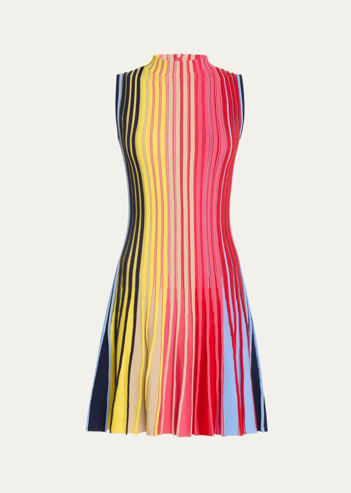a sleeveless, multicolored striped dress is displayed against a plain background. the dress features a high neckline and an aline silhouette, crafted from a knitted material. the vertical stripes are a mix of colors including black, yellow, beige, pink, red, and blue.