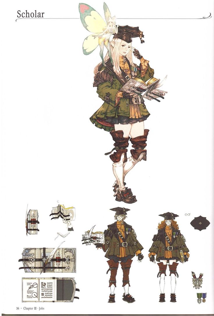 his image is a character design sheet from a video game, likely final fantasy. the main focus is on a female scholar character, depicted in detail from head to toe. she is accompanied by a small fairylike creature.  the design showcases her clothing, accessories, and overall style.  below are variations of the design showing male and female variations in different poses, as well as detailed drawings of the books and other accessories the character is holding and wearing. the style is fantasythemed, with elements suggesting a medieval or renaissance setting. the artwork is highly detailed and professional, indicative of concept art for a video game.