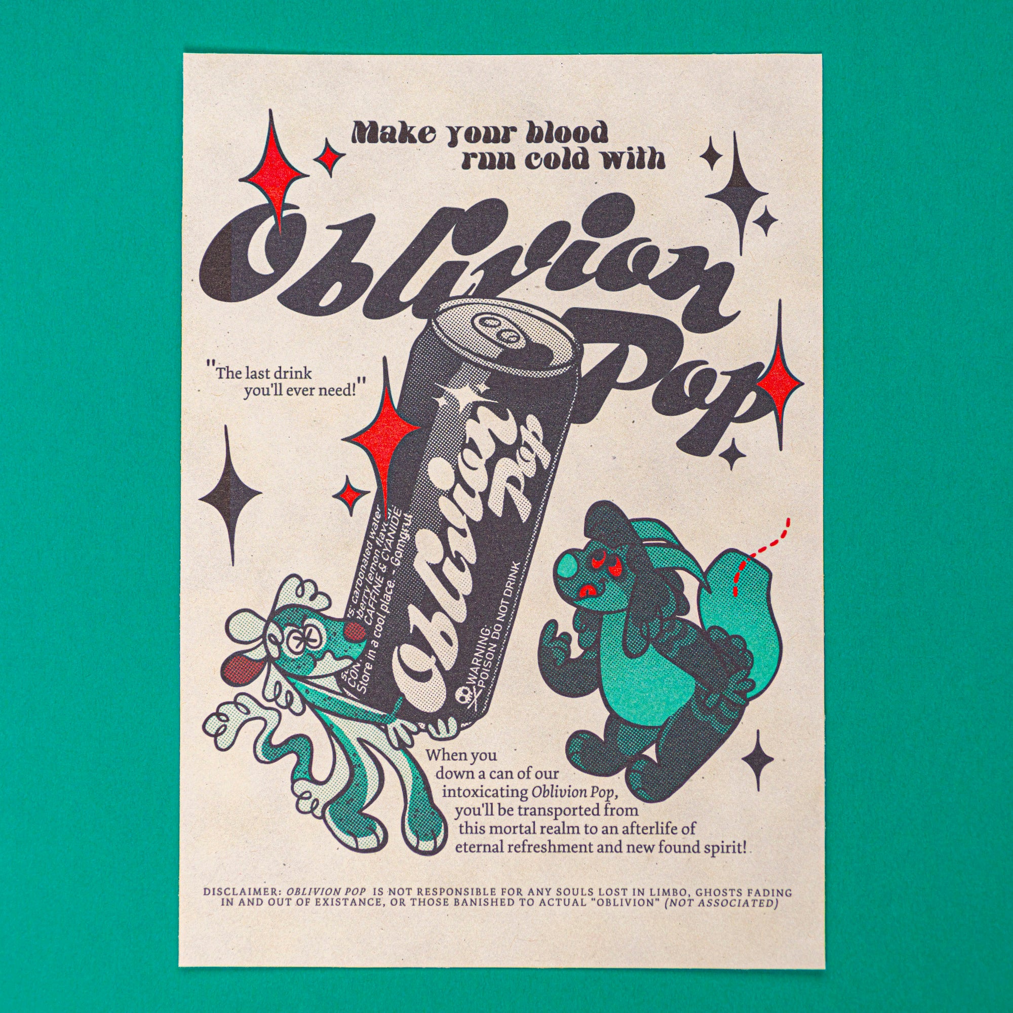 the image is a retrostyled advertisement poster for a fictional soda called "oblivion pop."  the poster features a stylized can of the soda prominently displayed, along with two cartoon creatures, one seemingly holding the can, and the other looking on. the text is bold and uses a vintage font style, suggesting a 70s or 80s aesthetic. the advertisement's copy plays on dark humor, hinting at the drink's ability to transport the consumer to the afterlife.  the warning label on the can adds to the spooky and tongueincheek tone. the overall style is a blend of retro advertising, cartoon illustration, and a touch of macabre.  the color palette is limited, mainly using teal, black, and cream, enhancing the vintage feel.