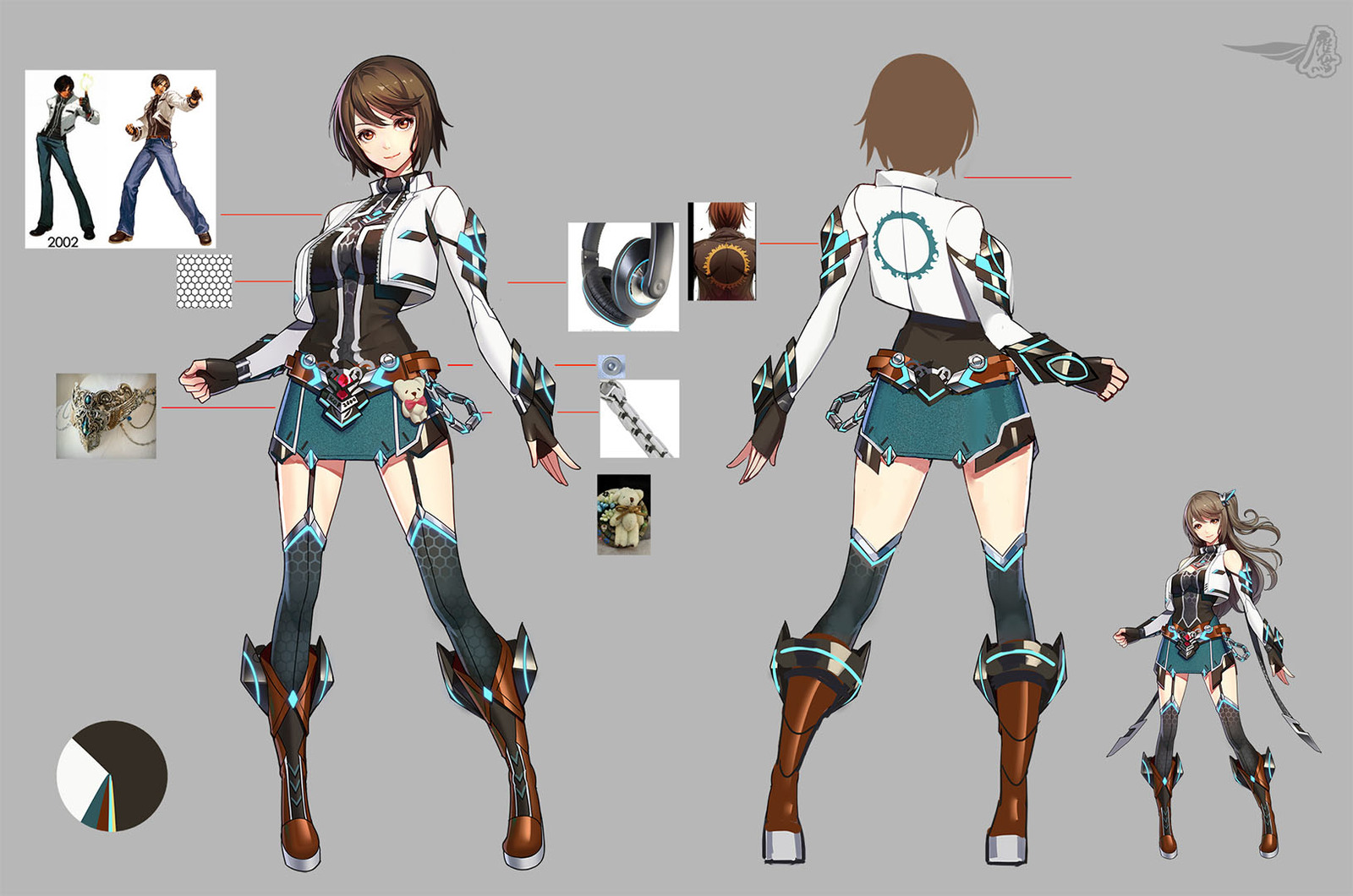 the image showcases a digital character concept art for a female character in a futuristic, cyberpunkinspired outfit. the character has short brown hair and is wearing a white jacket with teal details, a black crop top, a short teal skirt, and thighhigh black stockings with a hexagonal pattern. she also wears brown and teal armored boots and gloves, a belt with various pouches, and a circular emblem on the back of her jacket. smaller images surrounding the main figure display alternate outfit details, accessories, and color palettes, offering a comprehensive look at the character's design. the artwork includes front and back views, along with a smaller threequarter view, highlighting the intricate design elements. the soft lighting enhances the character's features and the overall visual appeal of the artwork.