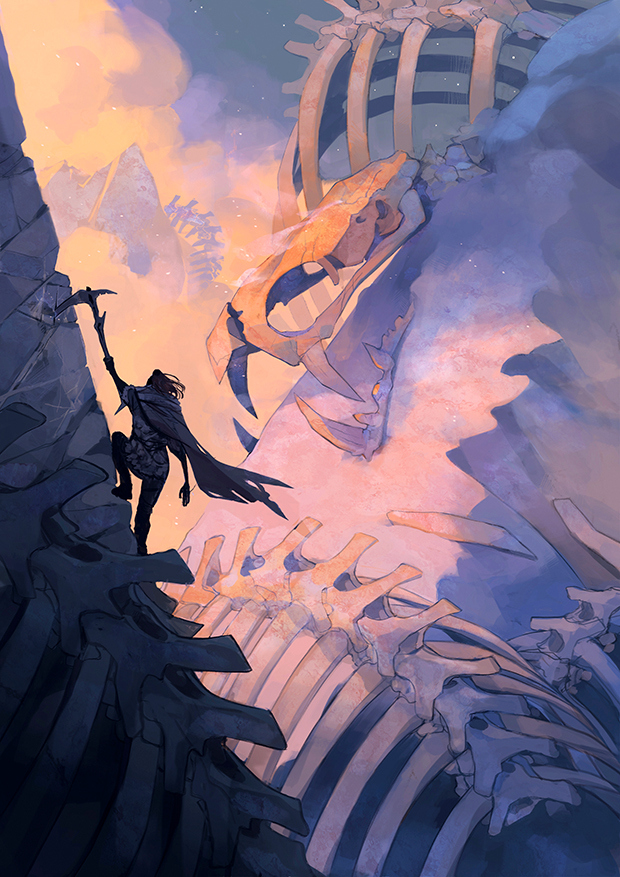 the image is a digital painting depicting a fantasy landscape. a lone figure is seen climbing a rocky cliff face, their silhouette outlined against a dramatic sunset sky.  dominating the scene is the colossal skeleton of a massive creature, its bones seemingly stretching across the landscape. the skeleton is partially obscured by clouds and shadows, adding to the scene's mysterious atmosphere. the color palette is soft and pastel, with purples, oranges, and blues blending together to create a dreamy yet somewhat melancholic feel. the scale of the skeleton in relation to the figure emphasizes the vastness and aweinspiring nature of the setting. the overall style is evocative of fantasy art, with a strong focus on atmospheric perspective and the interplay of light and shadow.