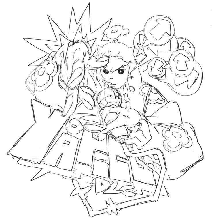 a black and white sketch of a girl holding a microphone. the girl is drawn in a cartoon style and is surrounded by abstract shapes and text. the image is full of energy and motion, suggesting a dynamic and energetic performance.