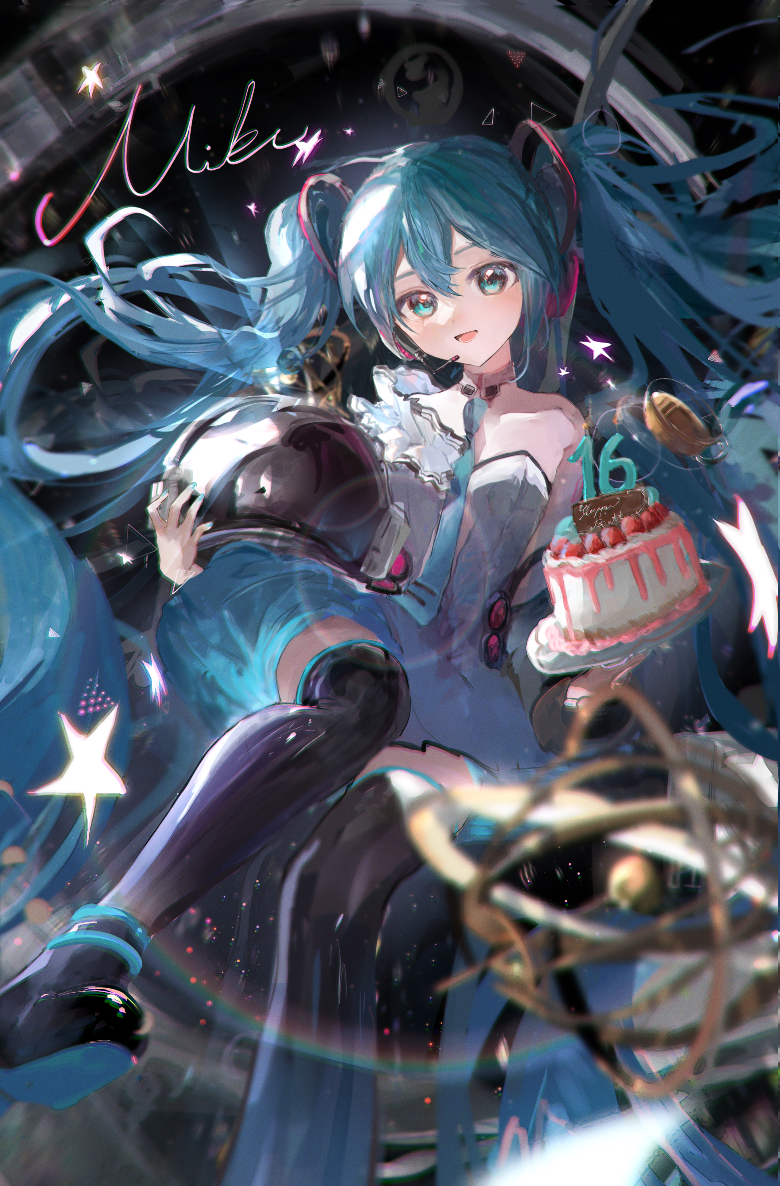 this digital artwork depicts hatsune miku, a popular vocaloid character, celebrating her 16th birthday. she's dressed in a teal and white dress, holding a cake decorated with the number "16," and sitting inside a transparent orb that resembles a spaceship or capsule.  an astronaut's helmet rests beside her. the background is dark and spacethemed, with stars and celestial elements surrounding her. the overall style is vibrant and dynamic, with a mix of realistic and painterly techniques.  the artist's signature, "miku," is visible in the upper left corner.