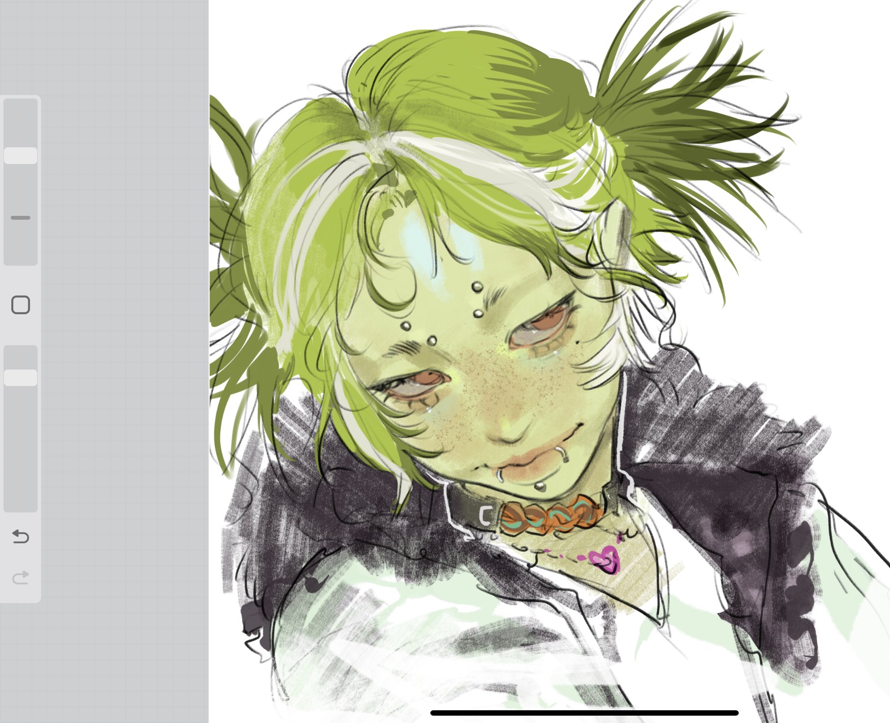 a digital illustration of an anime girl with green hair and white streaks. she is wearing a white shirt and a black jacket. she has freckles and blue eyes. she has a nose ring, lip ring, eyebrow ring, and a choker with a heart necklace. the illustration is done in a sketch style.