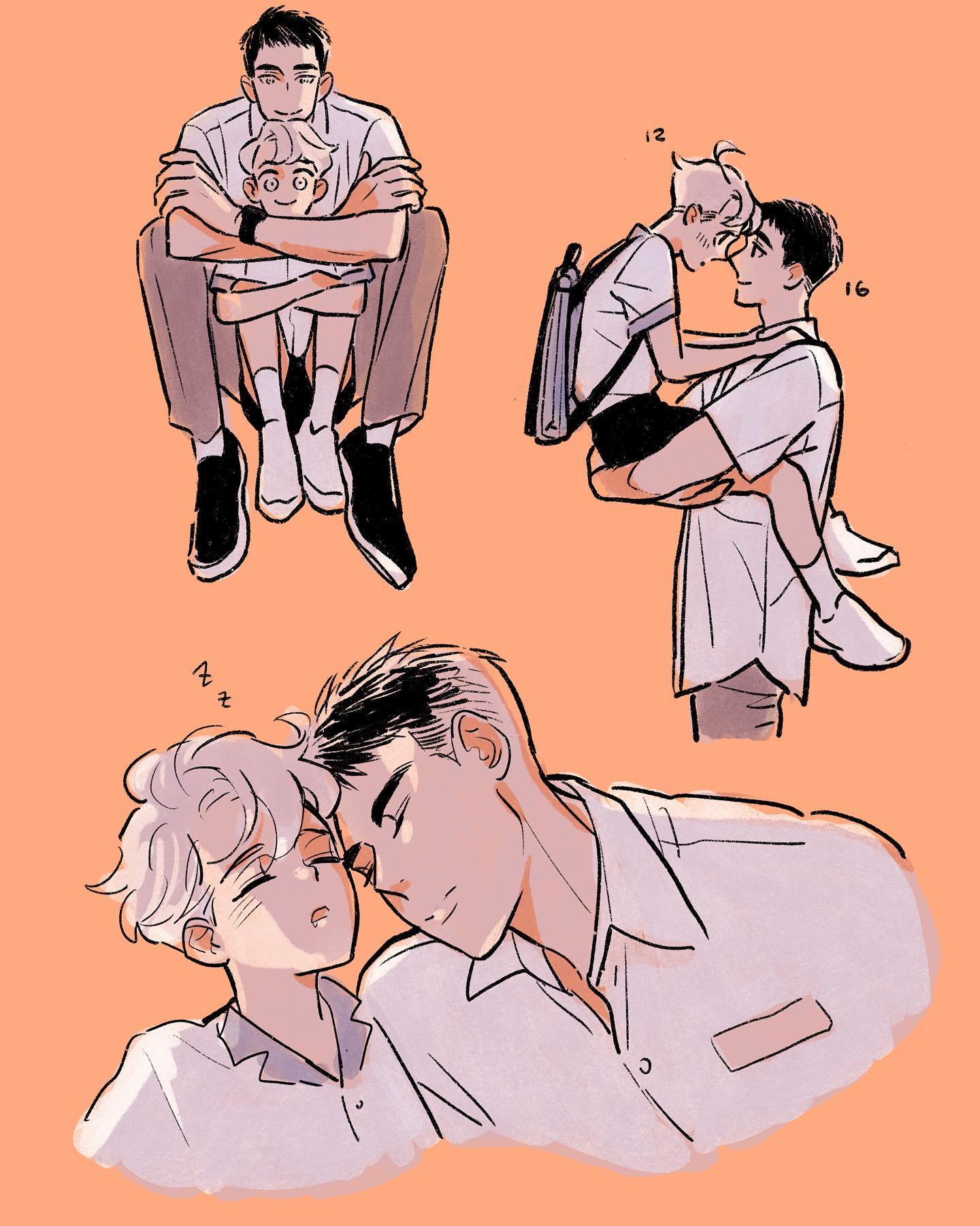 the image is a collection of four illustrations in a soft pastel style, likely fanart of a boys love (bl) or yaoi manga or anime.  the art style is reminiscent of korean webtoon illustrations. the four panels depict various affectionate scenes between young men in school uniforms.  one panel shows a taller boy affectionately hugging a smaller boy. another shows one boy carrying another in his arms, their faces close together.  a third panel shows two boys cuddling closely, with their heads resting against each other. the overall tone is sweet, romantic, and intimate.  numerical markings are present on some of the panels.